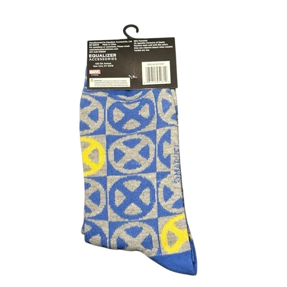 3/$20 Marvel X-Men Crew Socks a Blue Yellow Gray pattern with X-Men 